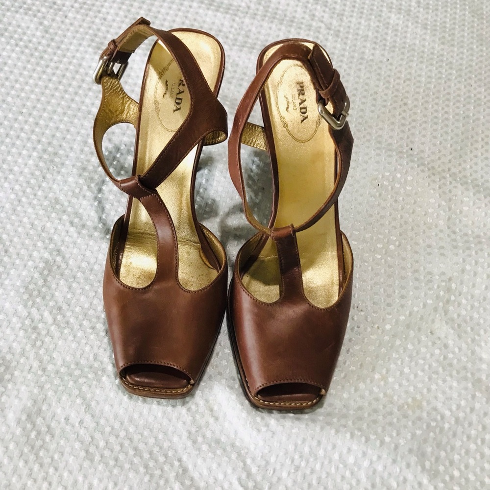 Prada Brown Leather Peep-Toe Slingback Heels - Picture 4 of 15